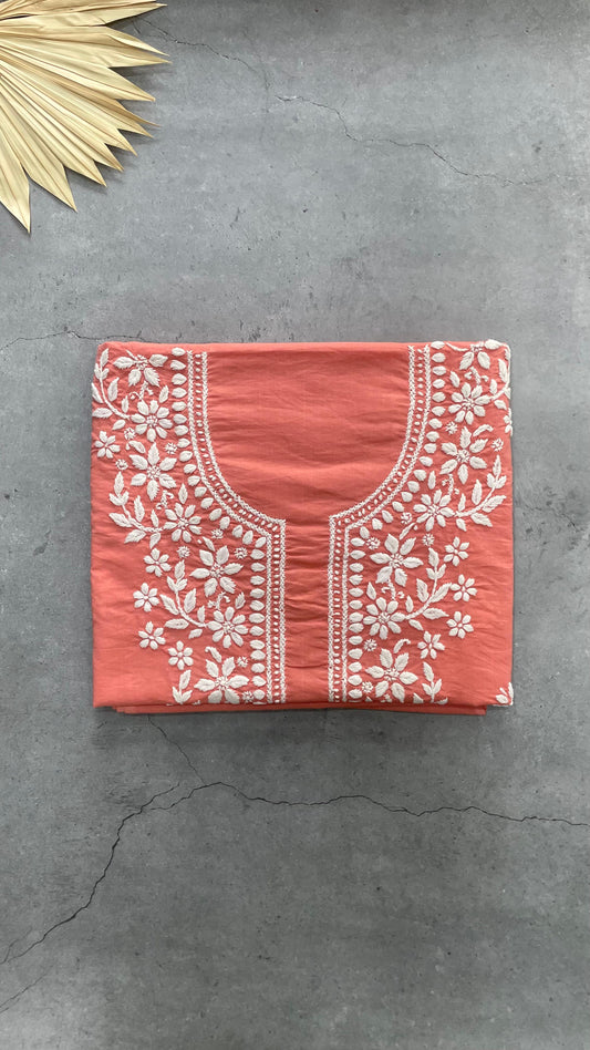 Lucknowi Hand Embroidery Chikankari Cotton Salwar Unstitched Top (PEACH)