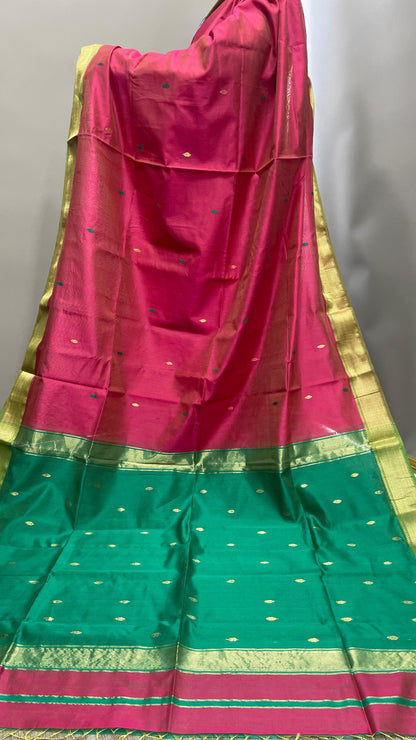 Handwoven Maheshwari Silk Cotton Saree with Buttas (DARK PINK)