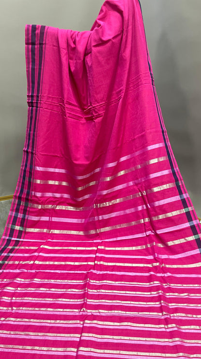 Premium Handwoven Cotton Saree with Silver Zari on Pallu (PINK)