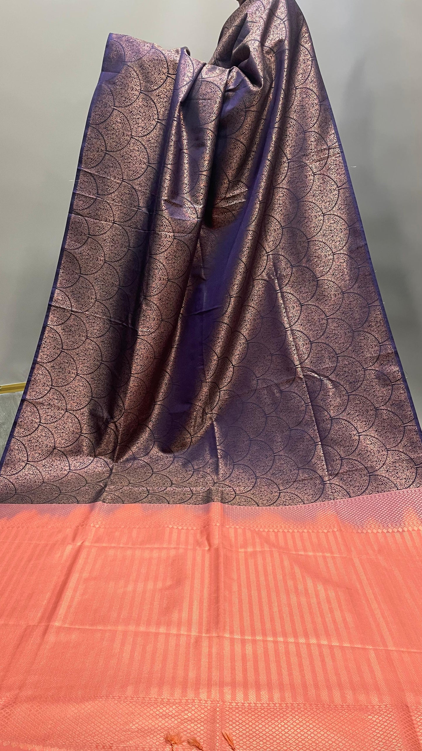 Kanchipuram Handwoven Semi Silk Saree with Zari all over (NAVY BLUE & PEACH)