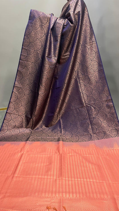 Kanchipuram Handwoven Semi Silk Saree with Zari all over (NAVY BLUE & PEACH)