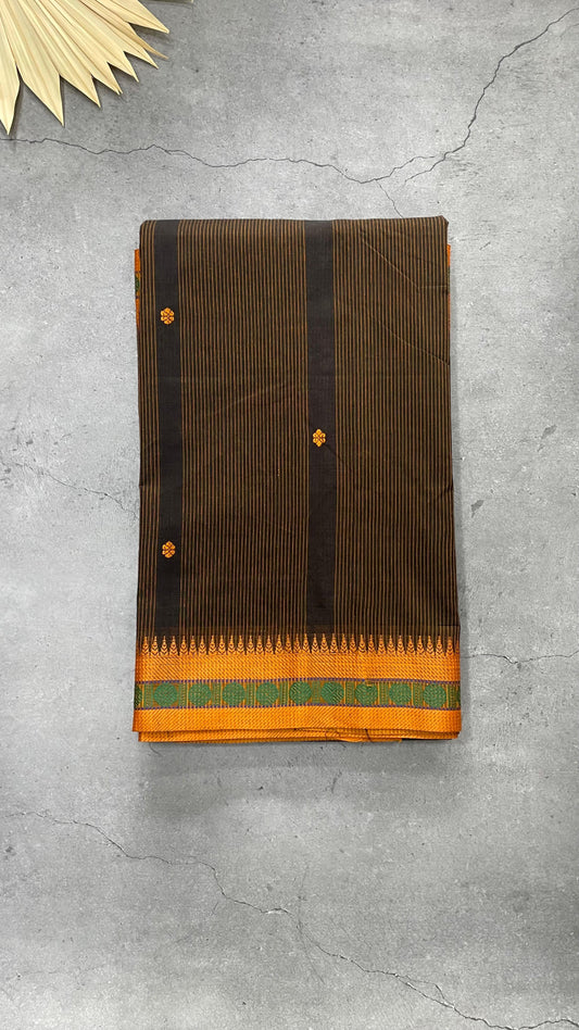 Soft Cotton Saree with lines and Butta (DARK BROWN)