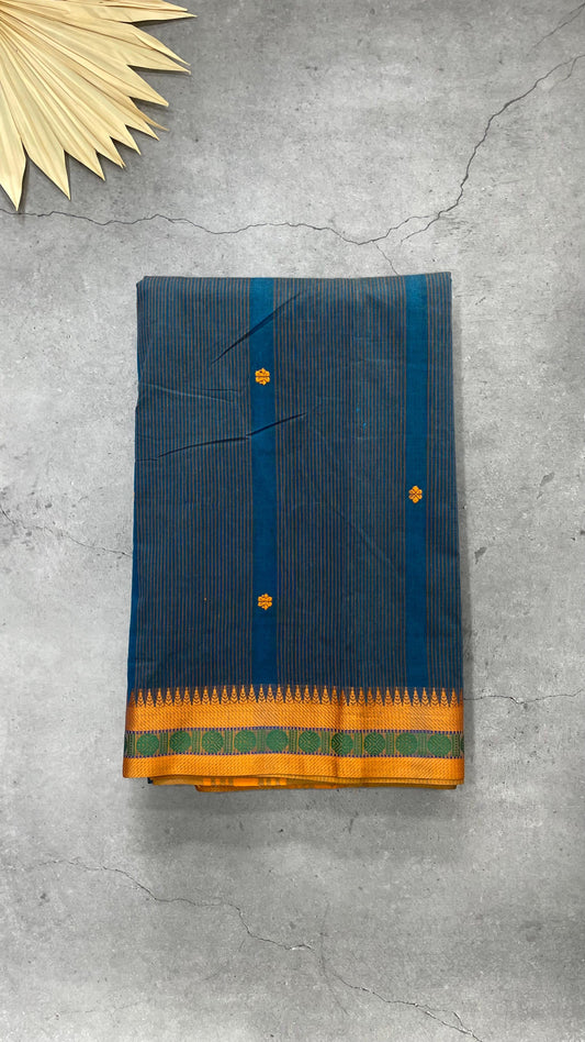 Soft Cotton Saree with lines and Butta (BLUE)