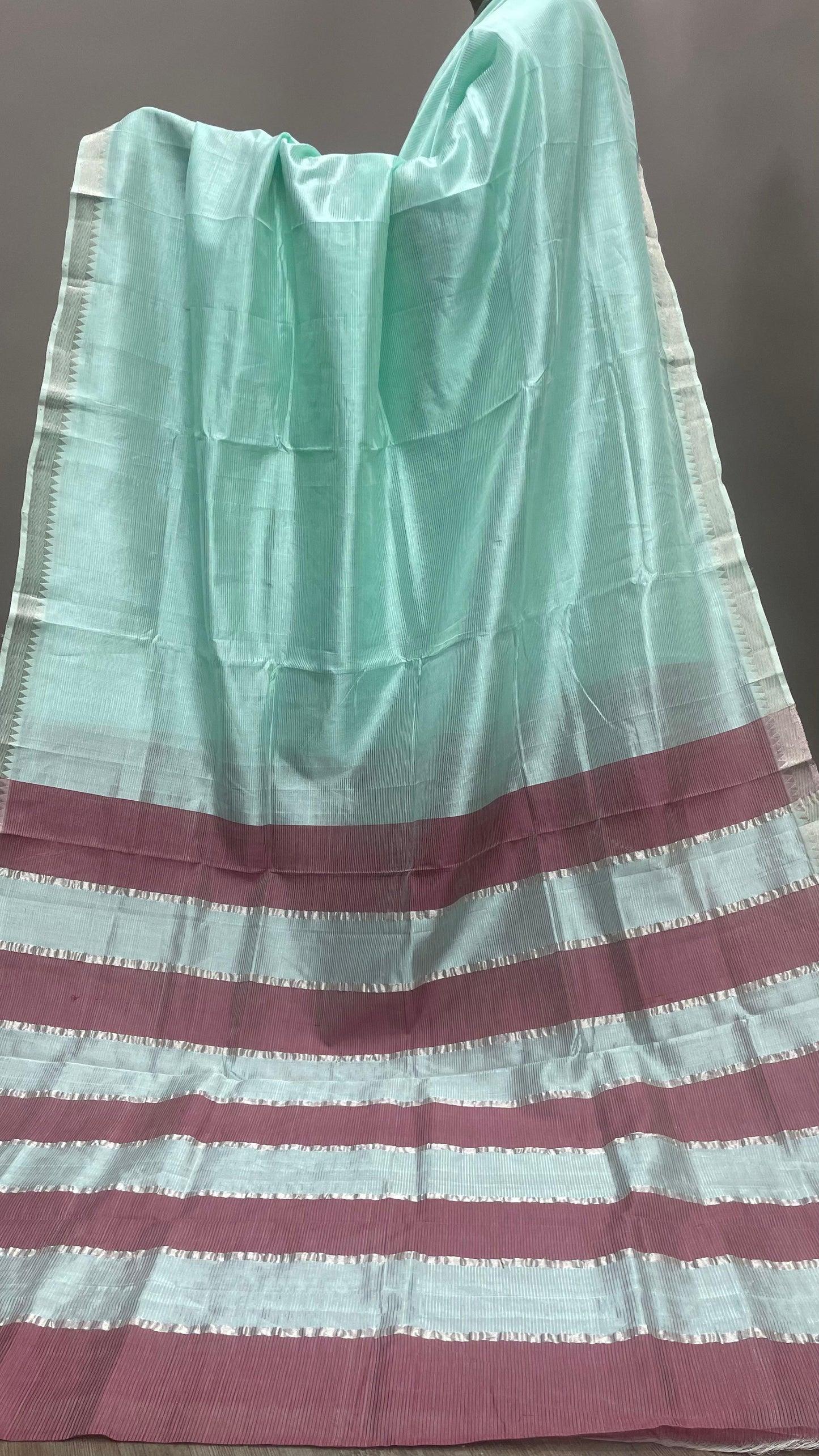 Handwoven Mangalagiri Semi Silk Cotton Saree (MINT GREEN & MAROON)