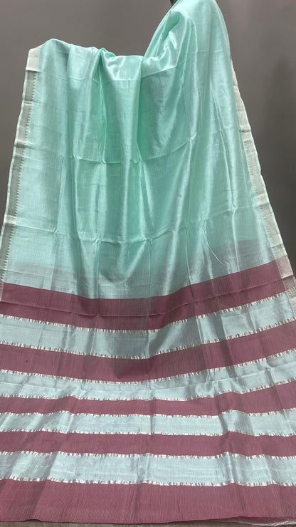 Handwoven Mangalagiri Semi Silk Cotton Saree (MINT GREEN & MAROON)