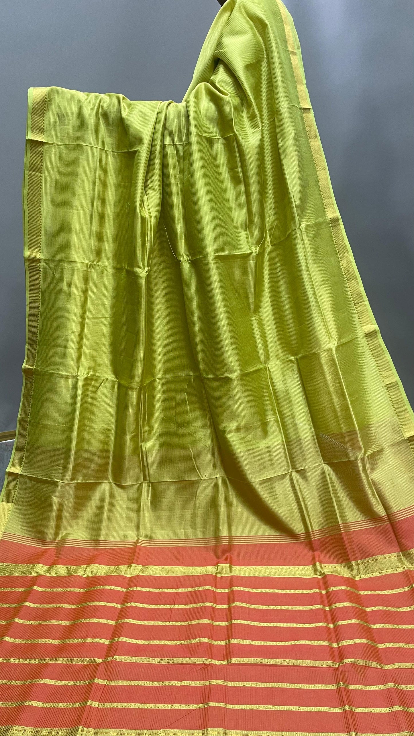 Handwoven Mangalagiri Semi Silk Cotton Saree (LIME PUNCH GREEN & ORANGE)