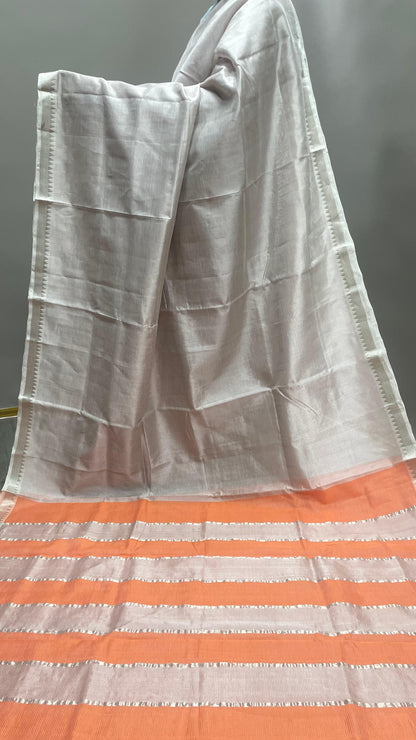 Handwoven Mangalagiri Semi Silk Cotton Saree (ENLIGHTEN BEIGE & ORANGE)