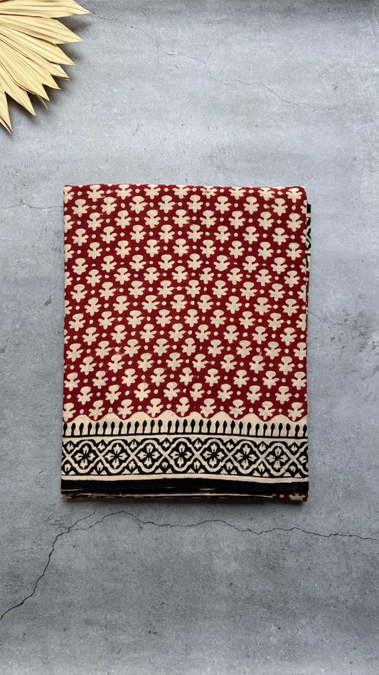 Soft Handblock Printed  Cotton Saree (MAROON & OFF WHITE)