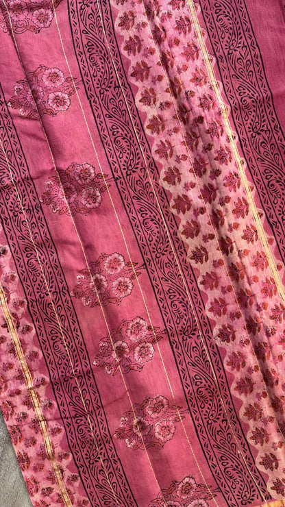 Handblock Printed Chanderi Silk Cotton Saree (DARK PINK)