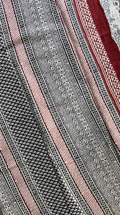 Soft Handblock Printed  Cotton Saree (OFF WHITE & BLACK)