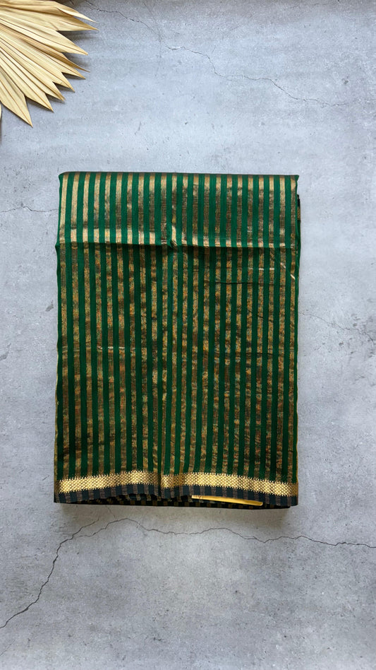 Handwoven Maheshwari Silk Tissue Saree with Gold stripes (DARK GREEN & GOLD)