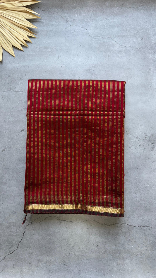 Handwoven Maheshwari Silk Tissue Saree with Gold stripes (DEEP RED & GOLD)