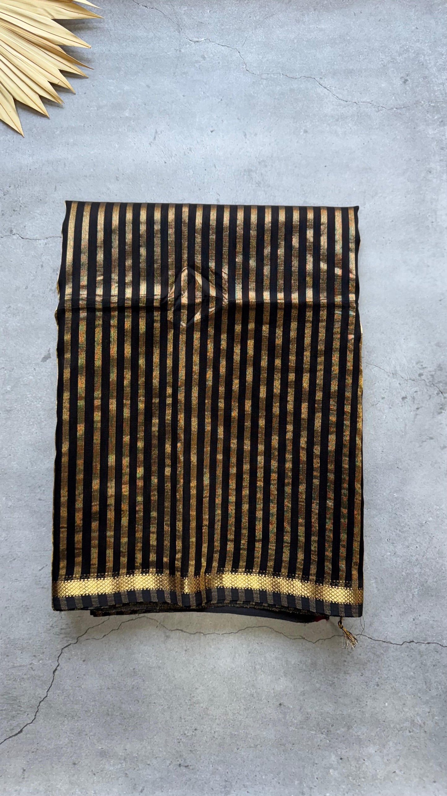 Handwoven Maheshwari Silk Tissue Saree with Gold stripes (BLACK & GOLD)