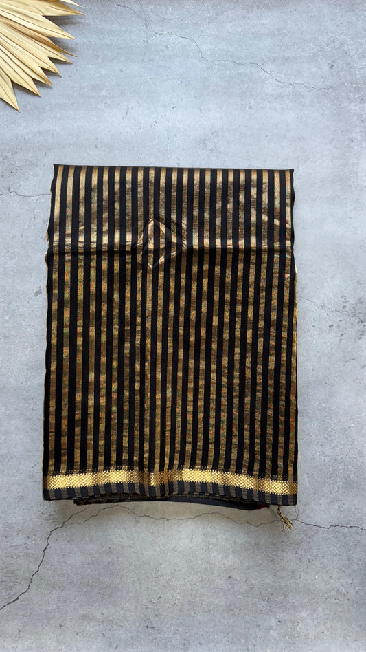 Handwoven Maheshwari Silk Tissue Saree with Gold stripes (BLACK & GOLD)