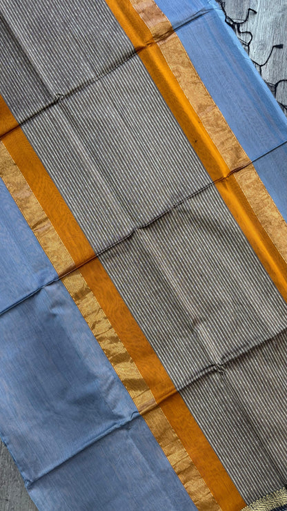 Handwoven Maheshwari Silk Cotton Saree (STEEL GREY & ORANGE)
