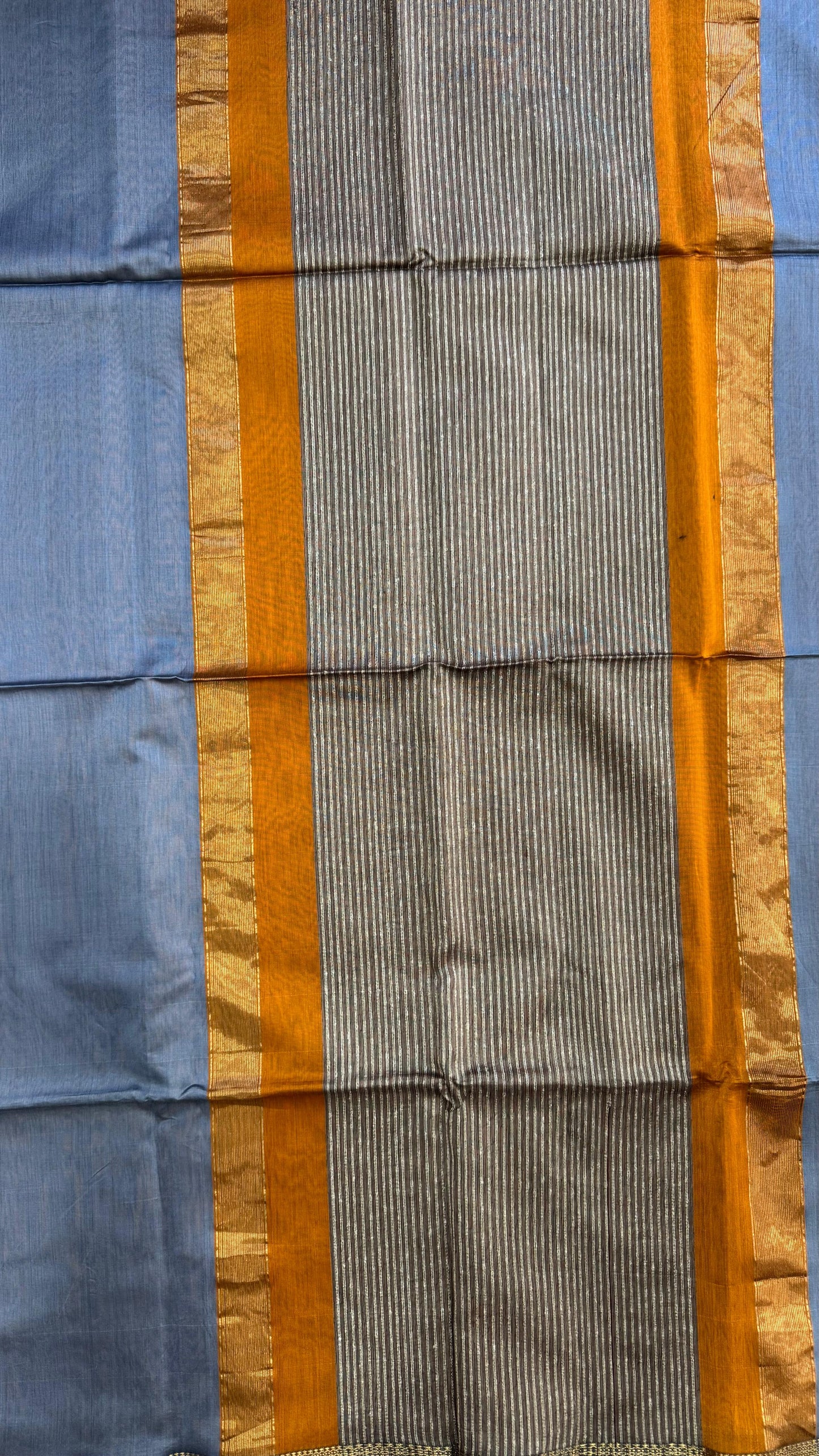 Handwoven Maheshwari Silk Cotton Saree (STEEL GREY & ORANGE)