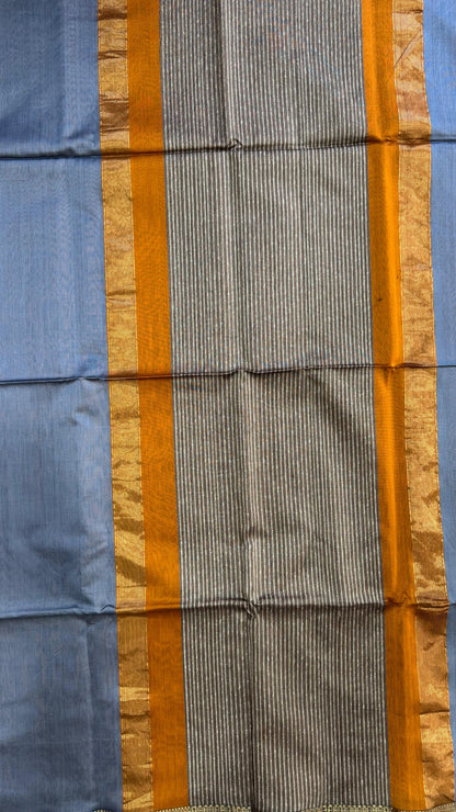 Handwoven Maheshwari Silk Cotton Saree (STEEL GREY & ORANGE)