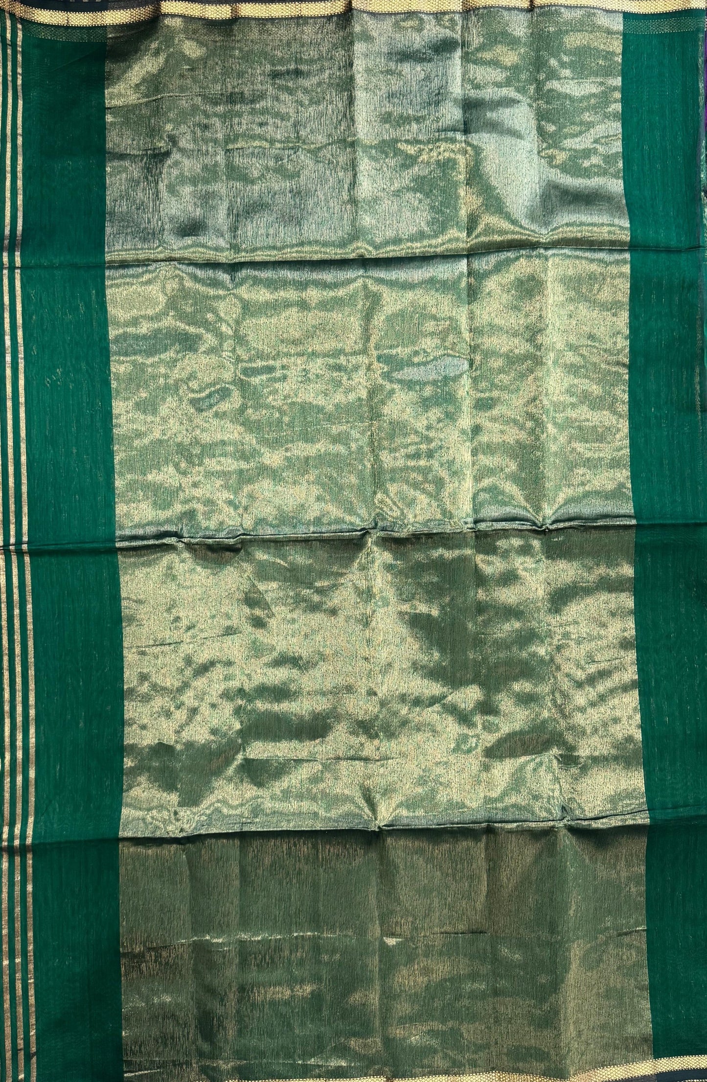 Handwoven Maheshwari Silk Tissue Saree with Gold stripes (DARK GREEN & GOLD)