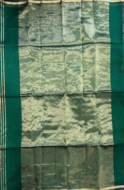 Handwoven Maheshwari Silk Tissue Saree with Gold stripes (DARK GREEN & GOLD)