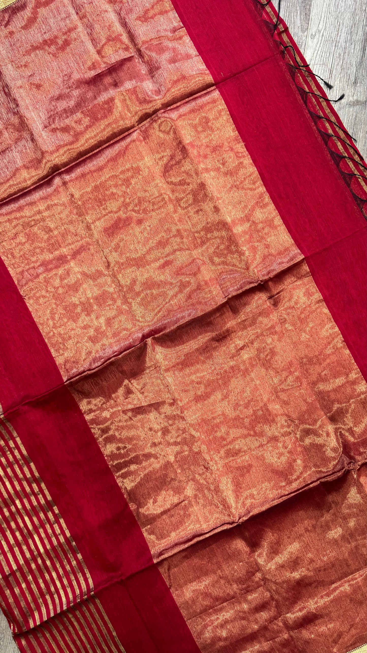 Handwoven Maheshwari Silk Tissue Saree with Gold stripes (DEEP RED & GOLD)