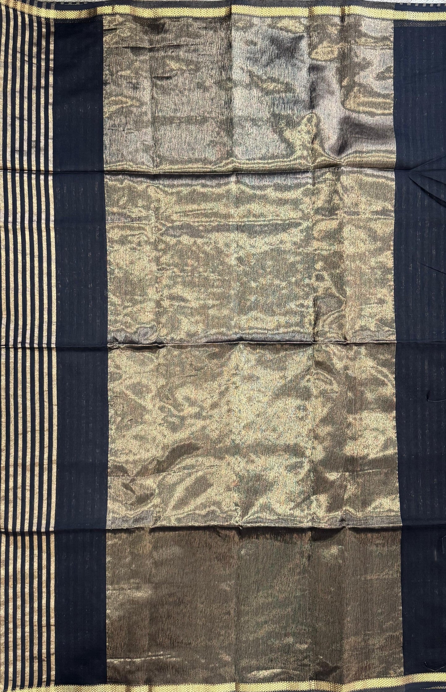 Handwoven Maheshwari Silk Tissue Saree with Gold stripes (BLACK & GOLD)