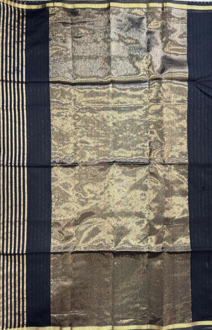 Handwoven Maheshwari Silk Tissue Saree with Gold stripes (BLACK & GOLD)