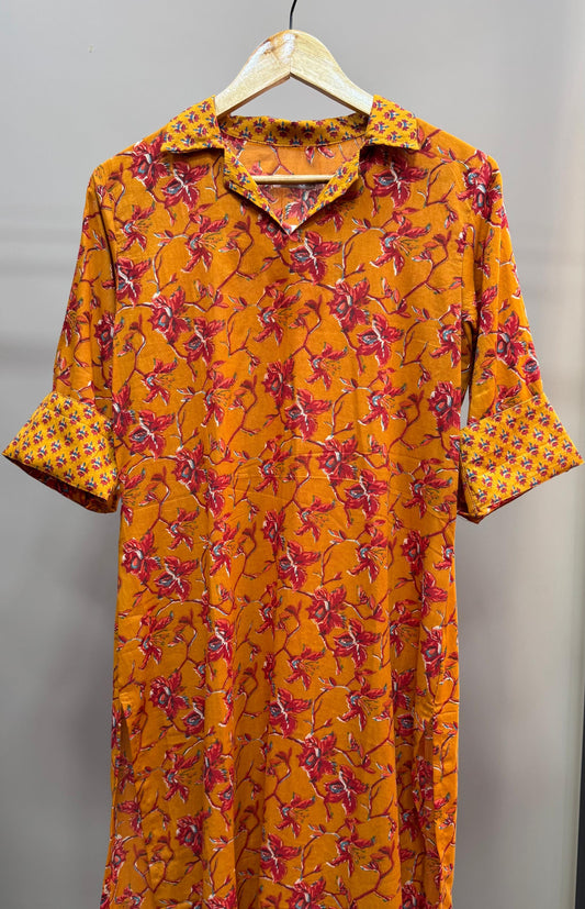 Floral Print Mulmul Kurti (MUSTARD ORANGE)