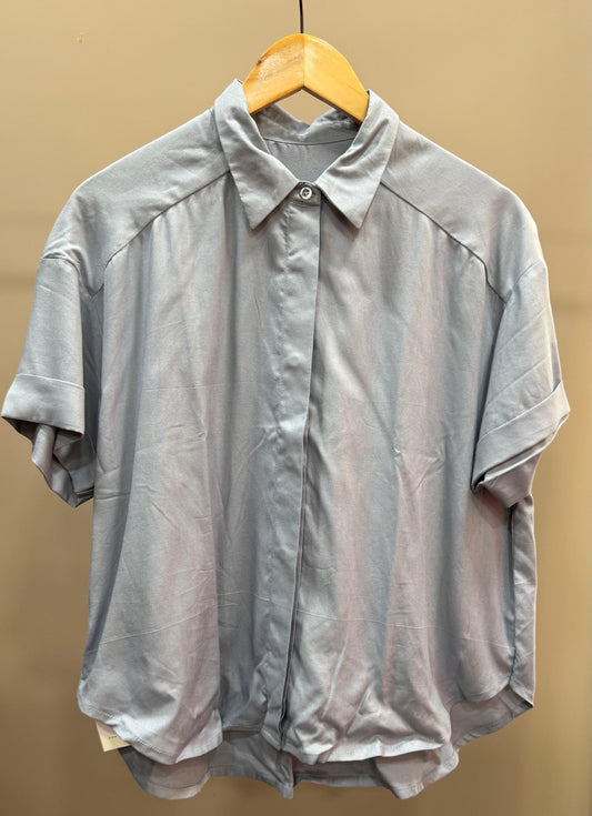 Collared Boxy Fit Solid Shirt for Women (STEEL GREY)