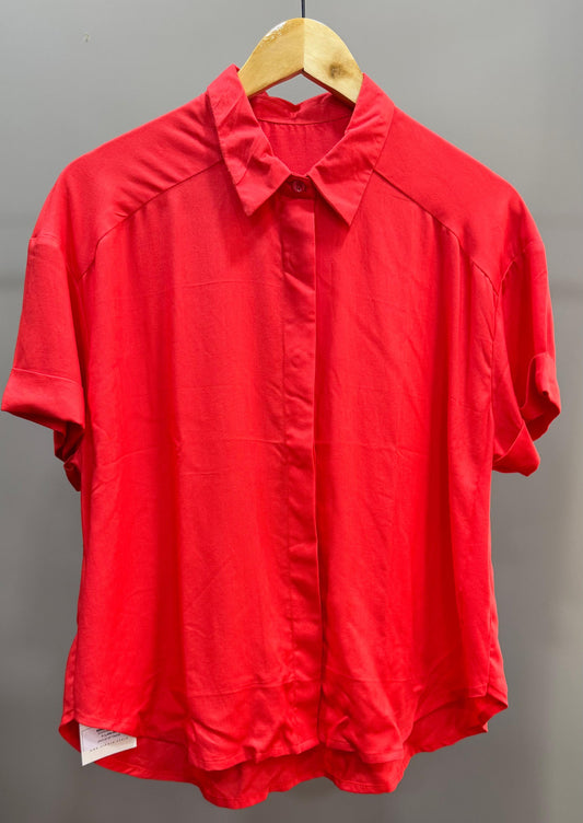 Collared Boxy Fit Solid Shirt for Women (FIERY RED)