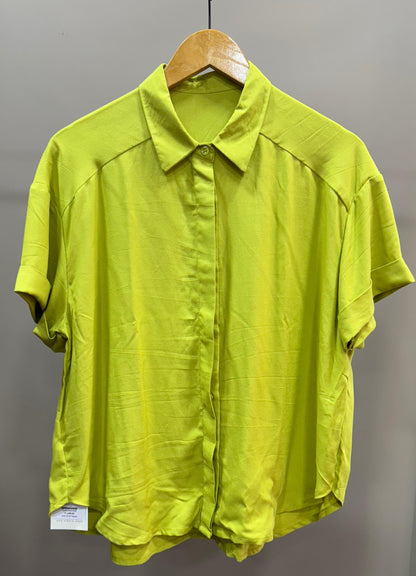 Collared Boxy Fit Solid Shirt for Women (ELECTRIC LIME)