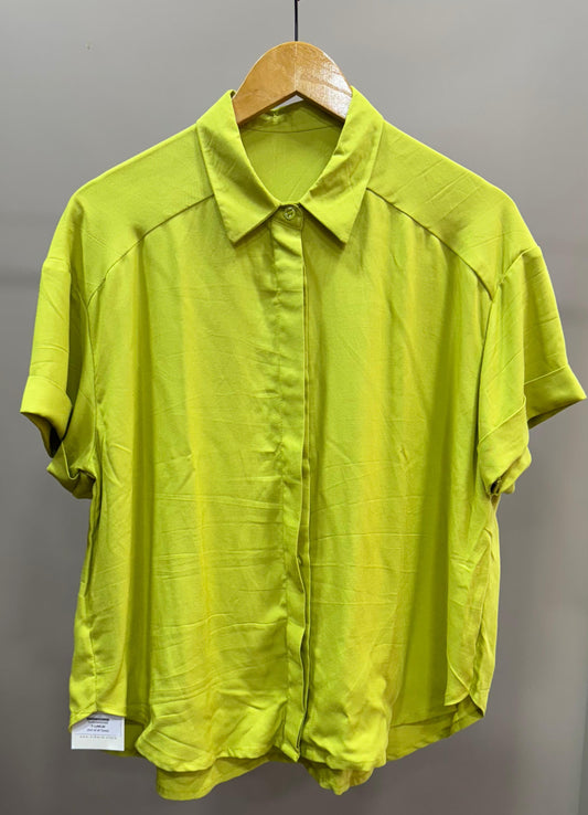 Collared Boxy Fit Solid Shirt for Women (ELECTRIC LIME)