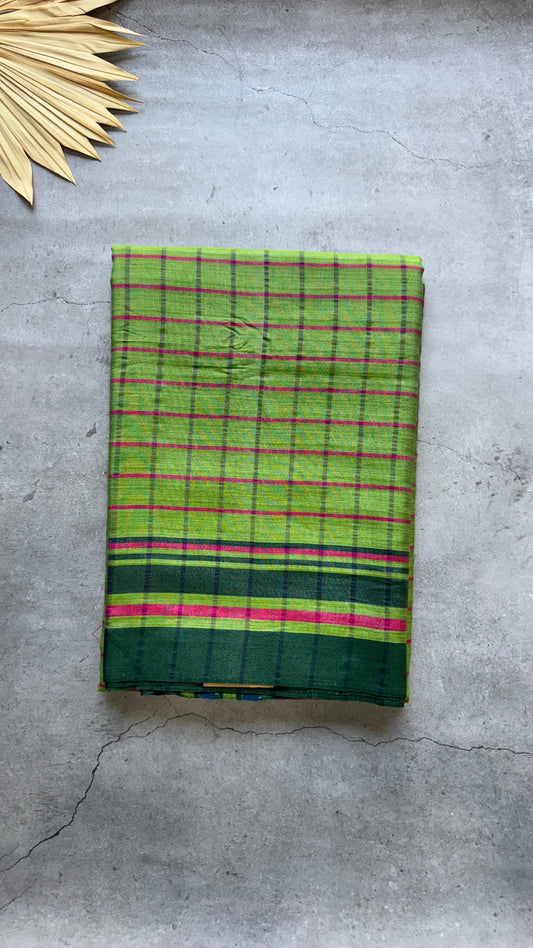 Premium Handwoven Soft Cotton Checks Jamdani Saree (GREEN)