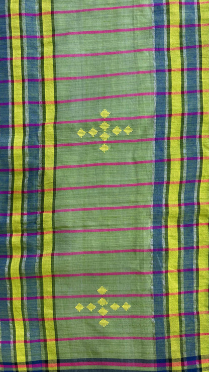 Premium Handwoven Soft Cotton Checks Jamdani Saree (GREEN)