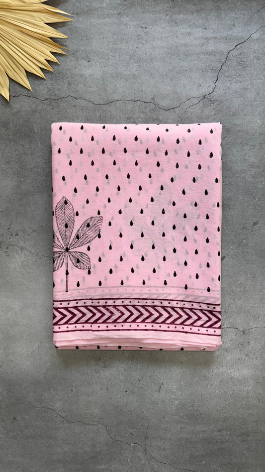 Soft Block Printed  Mulmul Cotton Saree (PINK)