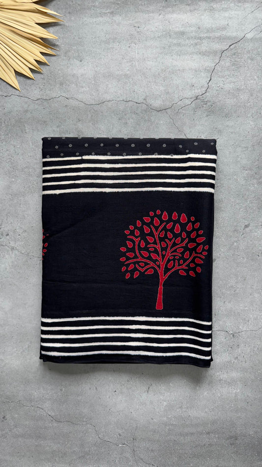 Soft Block Printed  Mulmul Cotton Saree (BLACK)