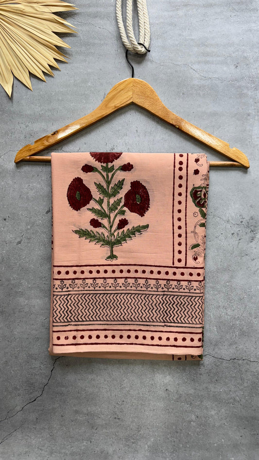 Soft Block Printed  Mulmul Cotton Saree (WARM PINK)