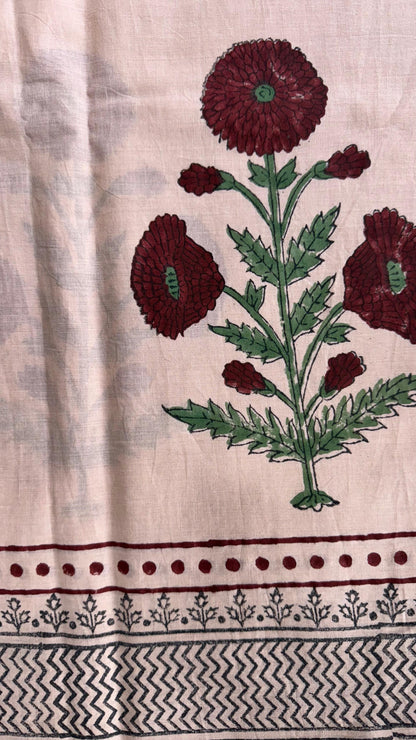 Soft Block Printed  Mulmul Cotton Saree (WARM PINK)