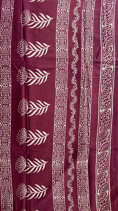 Soft Block Printed  Mulmul Cotton Saree (MAROON)
