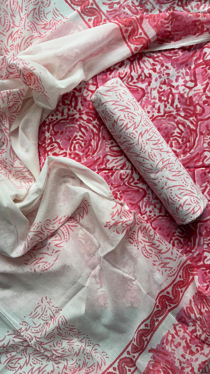 Soft Block Printed Mulmul Cotton Salwar Suit with Dupatta (PINK)