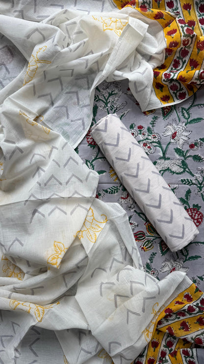 Soft Block Printed Mulmul Cotton Salwar Suit with Dupatta (GREY MULTICLOUR)