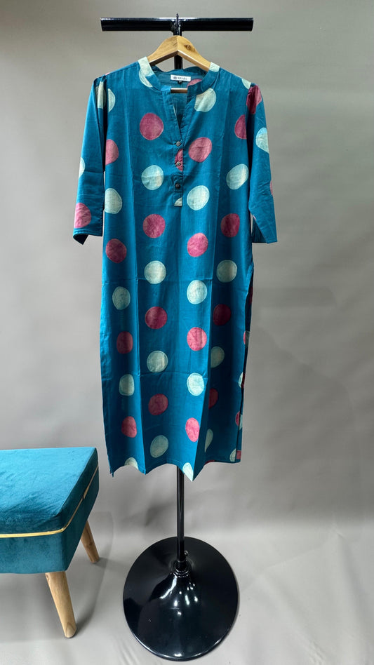 Soft Cotton Printed Kurti in Polka (TEAL BLUE)