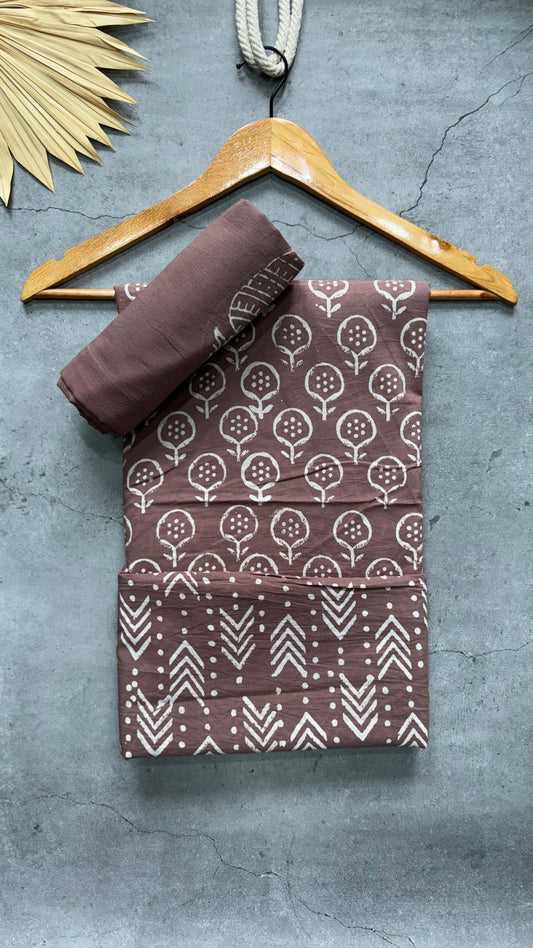 Soft Block Printed Cotton Salwar Suit with Mul Dupatta (MUSHROOM BROWN)