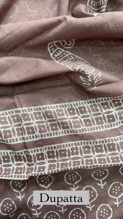 Soft Block Printed Cotton Salwar Suit with Mul Dupatta (MUSHROOM BROWN)
