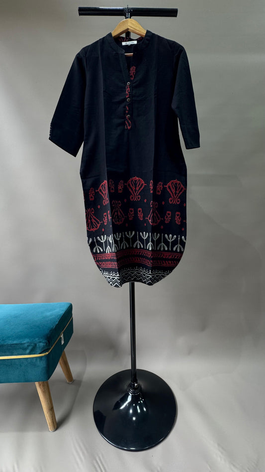 Premium Khadi Cotton Kurti with U-shaped Hem (BLACK)