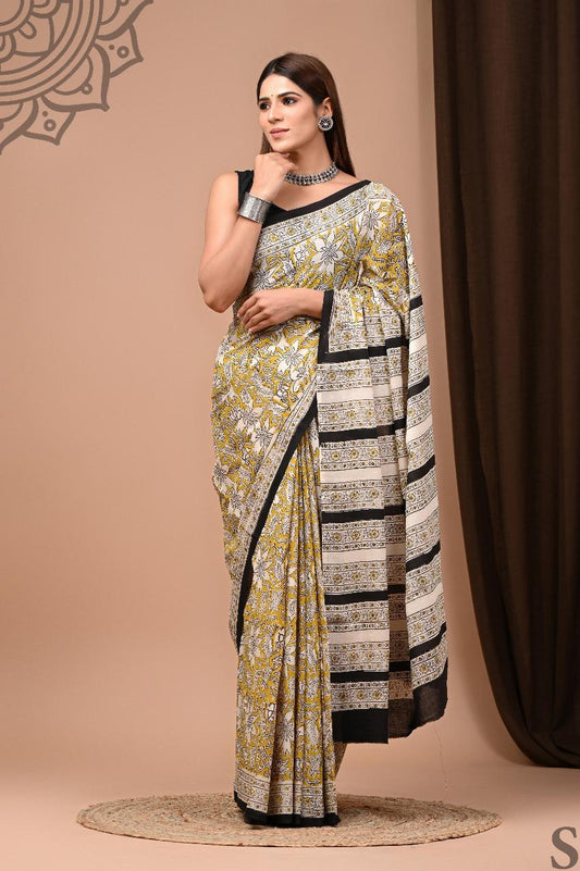 Soft Block Printed  Mulmul Cotton Saree (MUSTARD & CREAM)