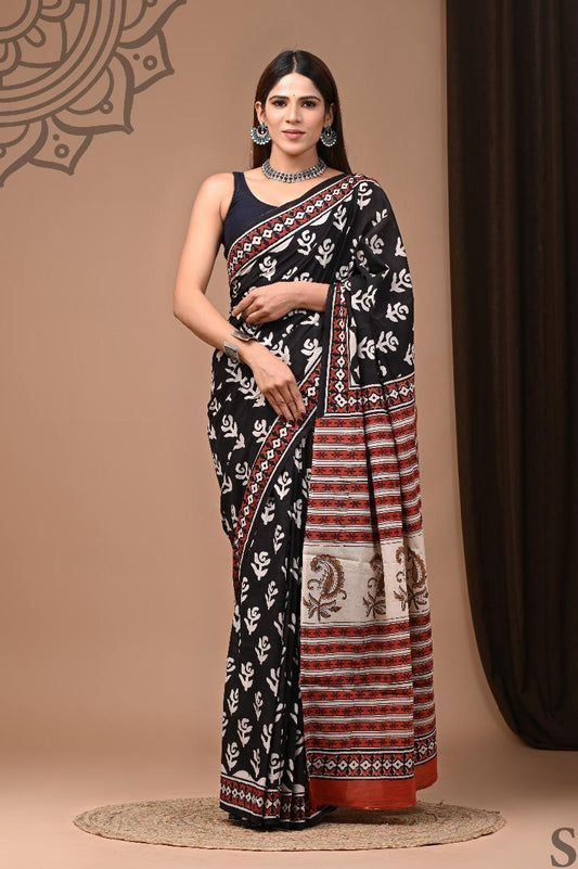 Soft Block Printed  Mulmul Cotton Saree (BLACK)