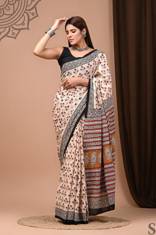 Soft Block Printed  Mulmul Cotton Saree (CREAM & MAROON)
