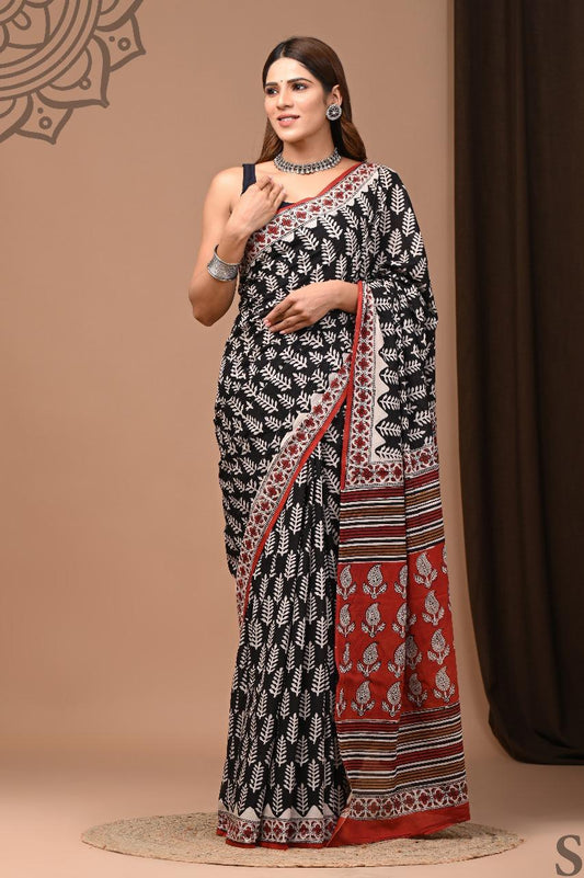 Soft Block Printed  Mulmul Cotton Saree (BLACK)