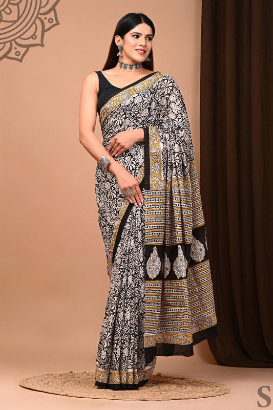 Soft Block Printed  Mulmul Cotton Saree (BLACK & WHITE)