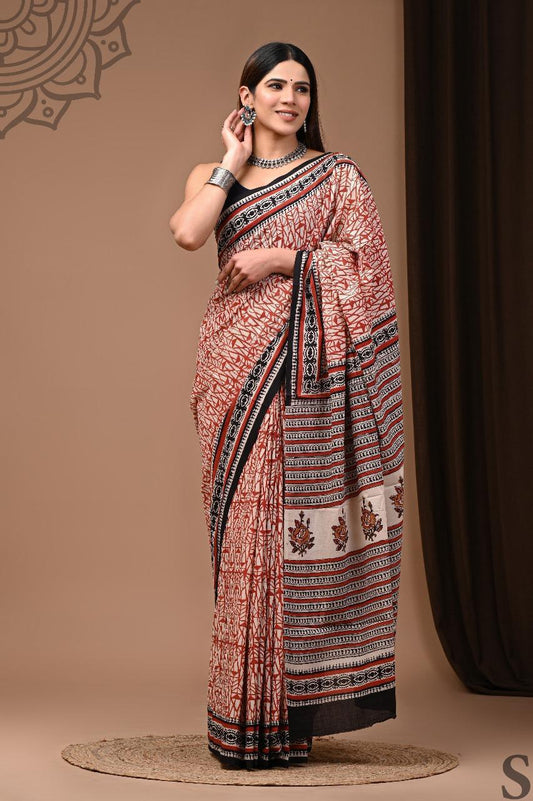Soft Block Printed  Mulmul Cotton Saree (MAROON & OFF WHITE)